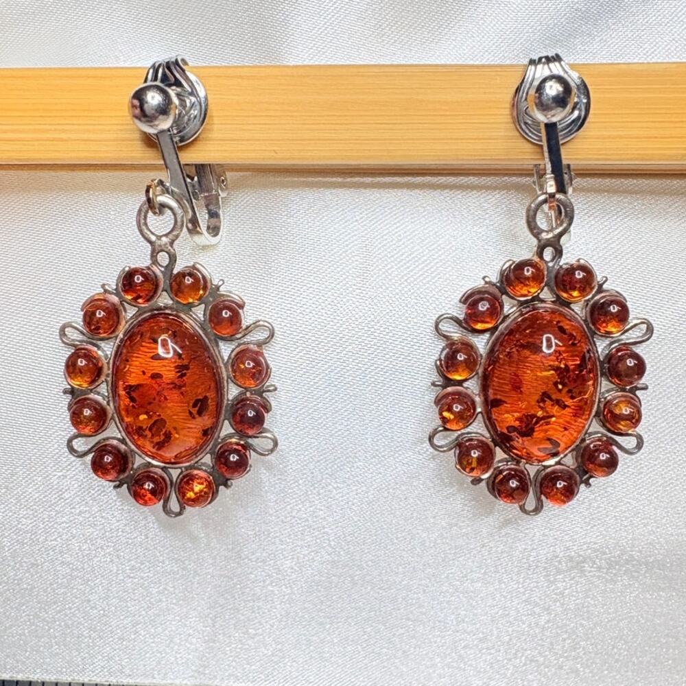Sterling Silver Genuine Amber Clip-On Earrings | Vintage Artisan Design